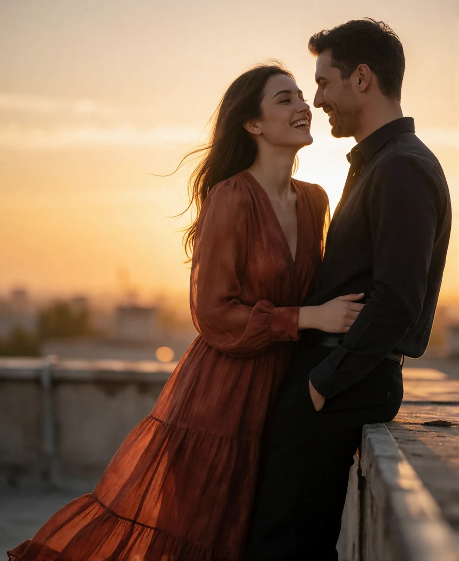 Turkmen woman in a rust-toned dress and Western man leaning together on a rooftop railing at sunset