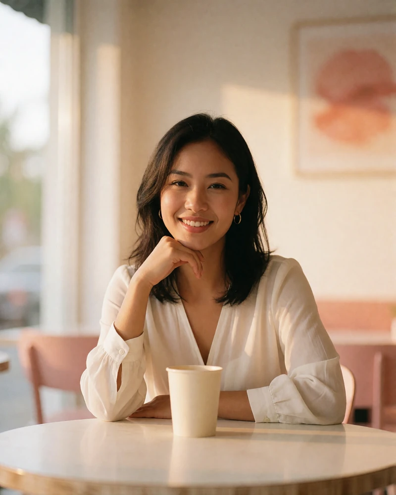 Filipina woman in a white blouse smiling at a bright cafe table in Manila, a featured Filipino dating profile photo