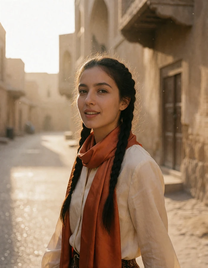 Tajik woman with braided hair walking an old-town street wearing a burnt-orange silk scarf, featured profile photo