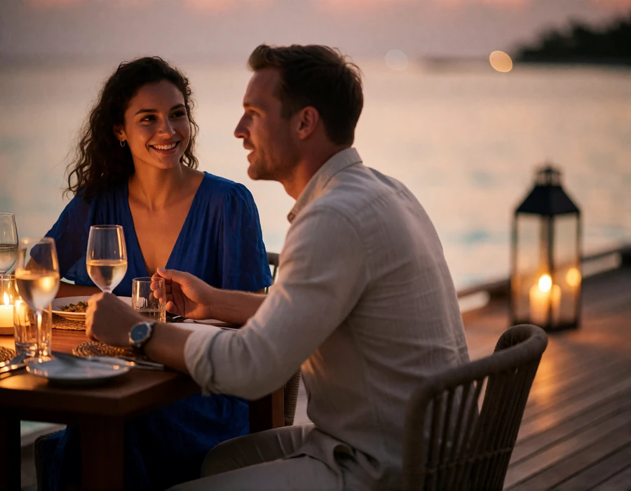 Maldivian woman in a deep blue dress smiling across a small dinner table on an overwater deck as a Western man speaks