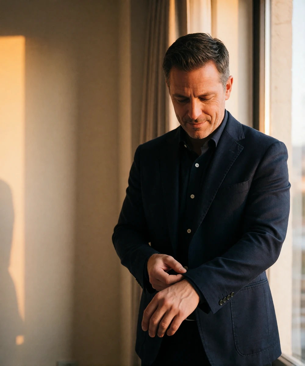 Man in his mid-forties adjusting the cuff of his navy blazer by a tall window in a quiet hotel room