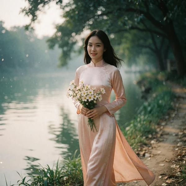 Vietnamese woman in a pale rose ao dai walking by a river, representing Vietnamese dating profiles