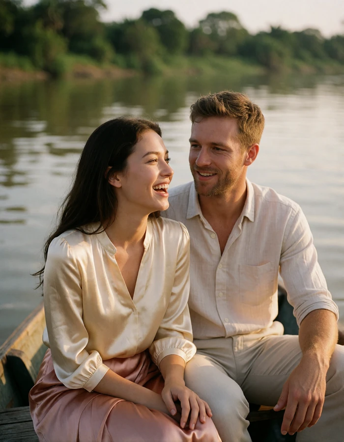 Cambodian woman in a cream blouse laughing beside a Western man during a calm river boat outing