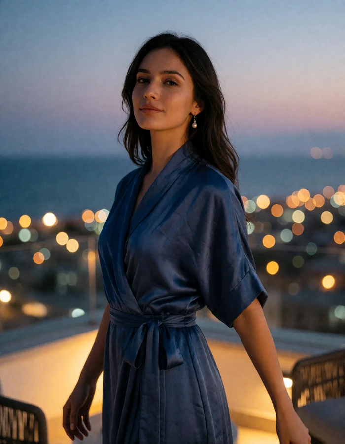 Poised Tajik woman in a deep-blue wrap dress on a rooftop lounge at dusk, verified member profile photo