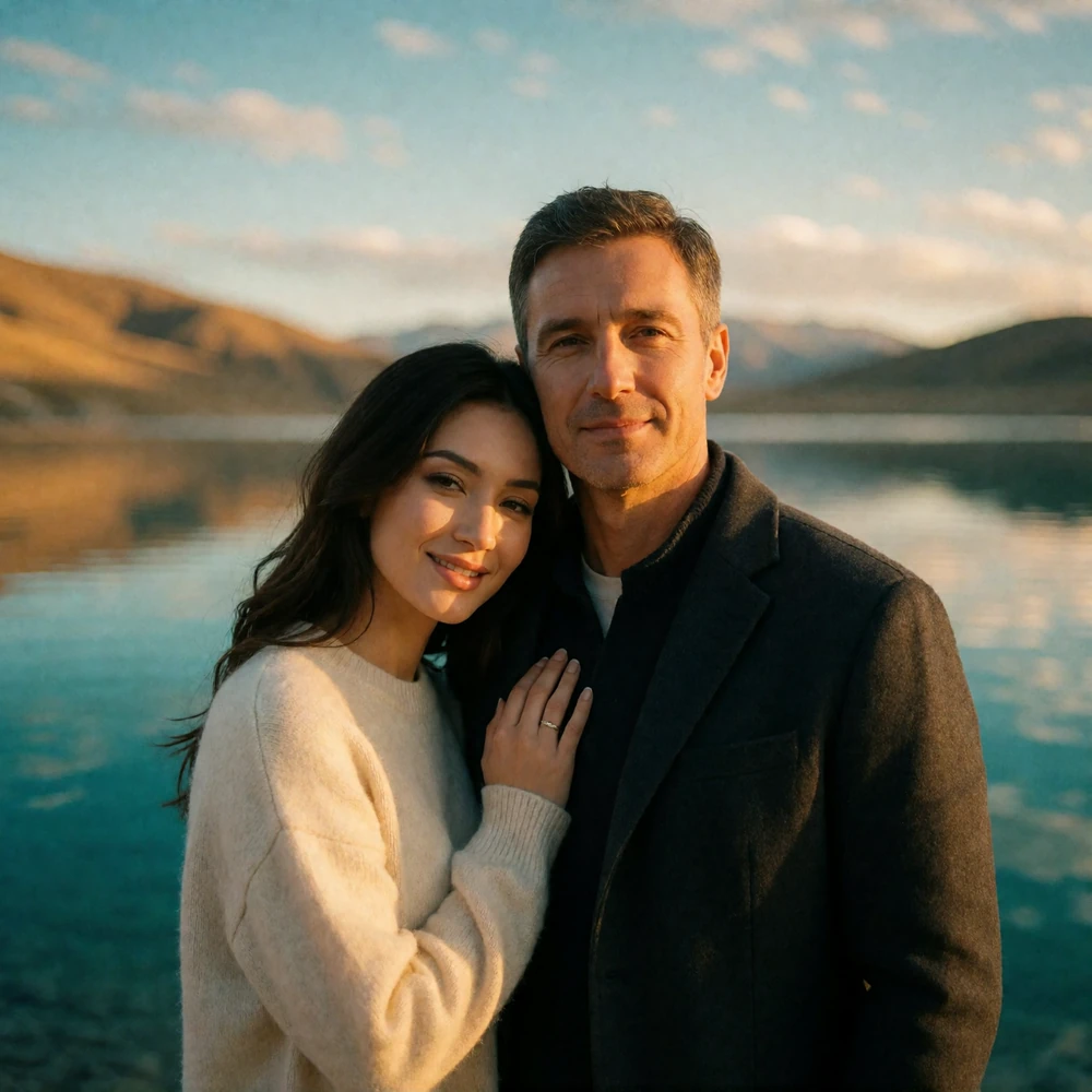 Kyrgyz woman resting her head on a Western man's shoulder beside a mountain lake at golden hour