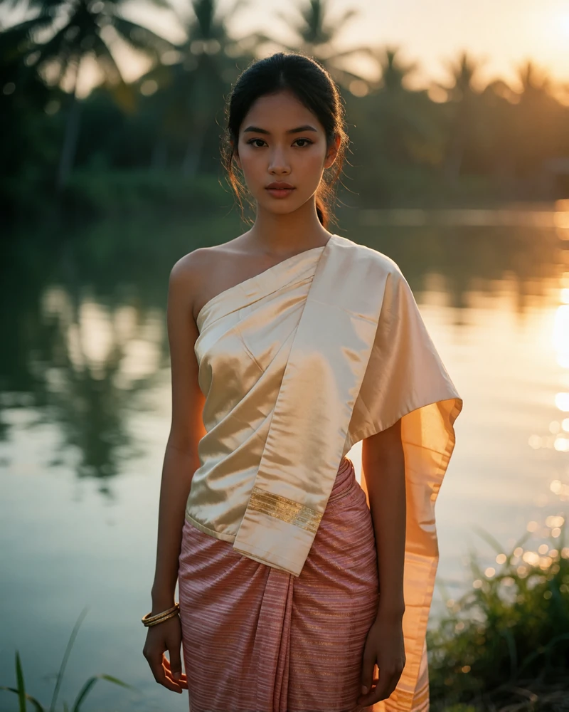 Burmese woman in a cream silk wrap standing near a calm river at sunset with soft golden backlight