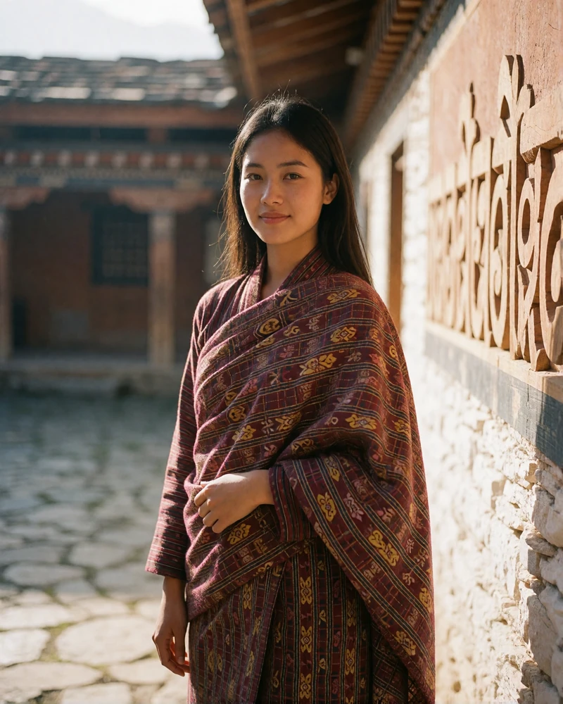 Bhutanese woman in a maroon and gold woven wrap smiling warmly in a sunlit stone courtyard with timber architecture behind her