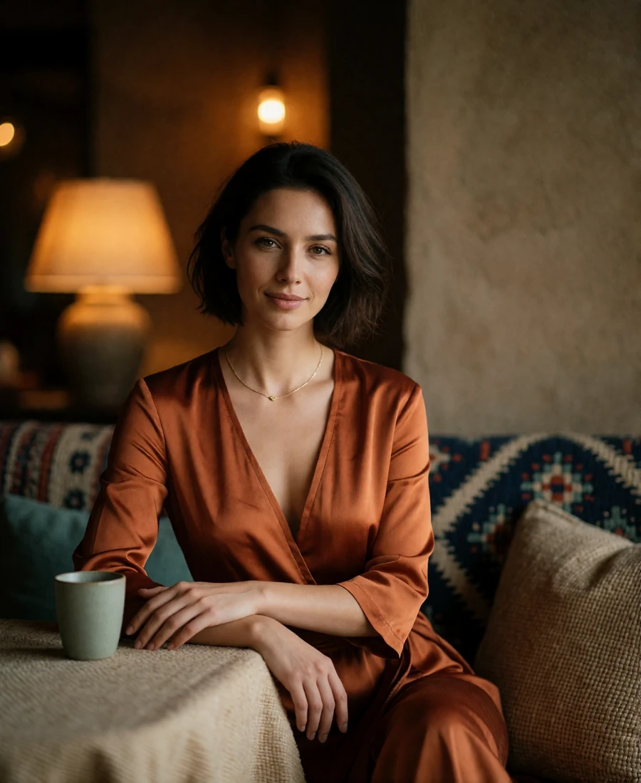 Uzbek woman in a rust silk dress seated in an upscale tea room, featured Uzbek bride profile photo