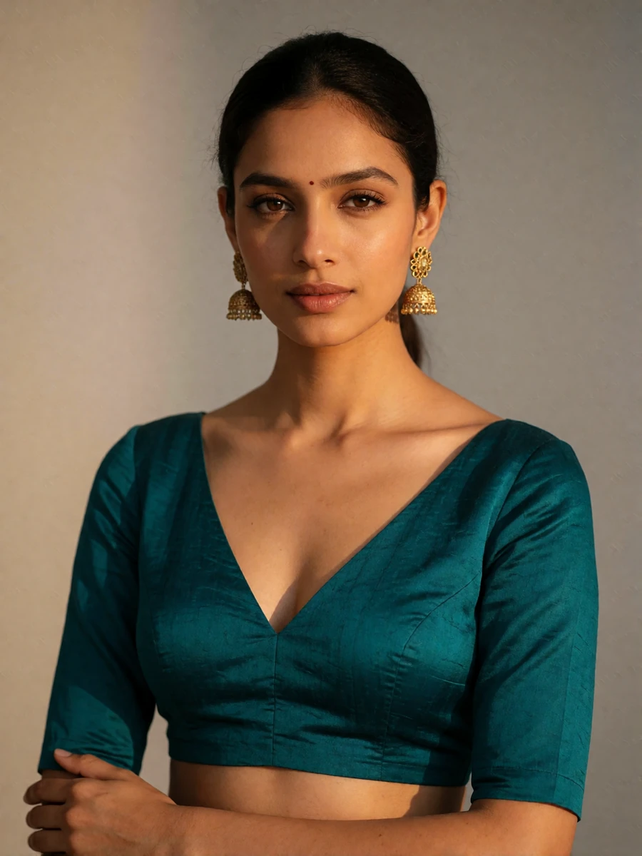 Elegant Indian woman in a teal silk blouse with gold jhumka earrings in a warm studio portrait, verified member profile photo