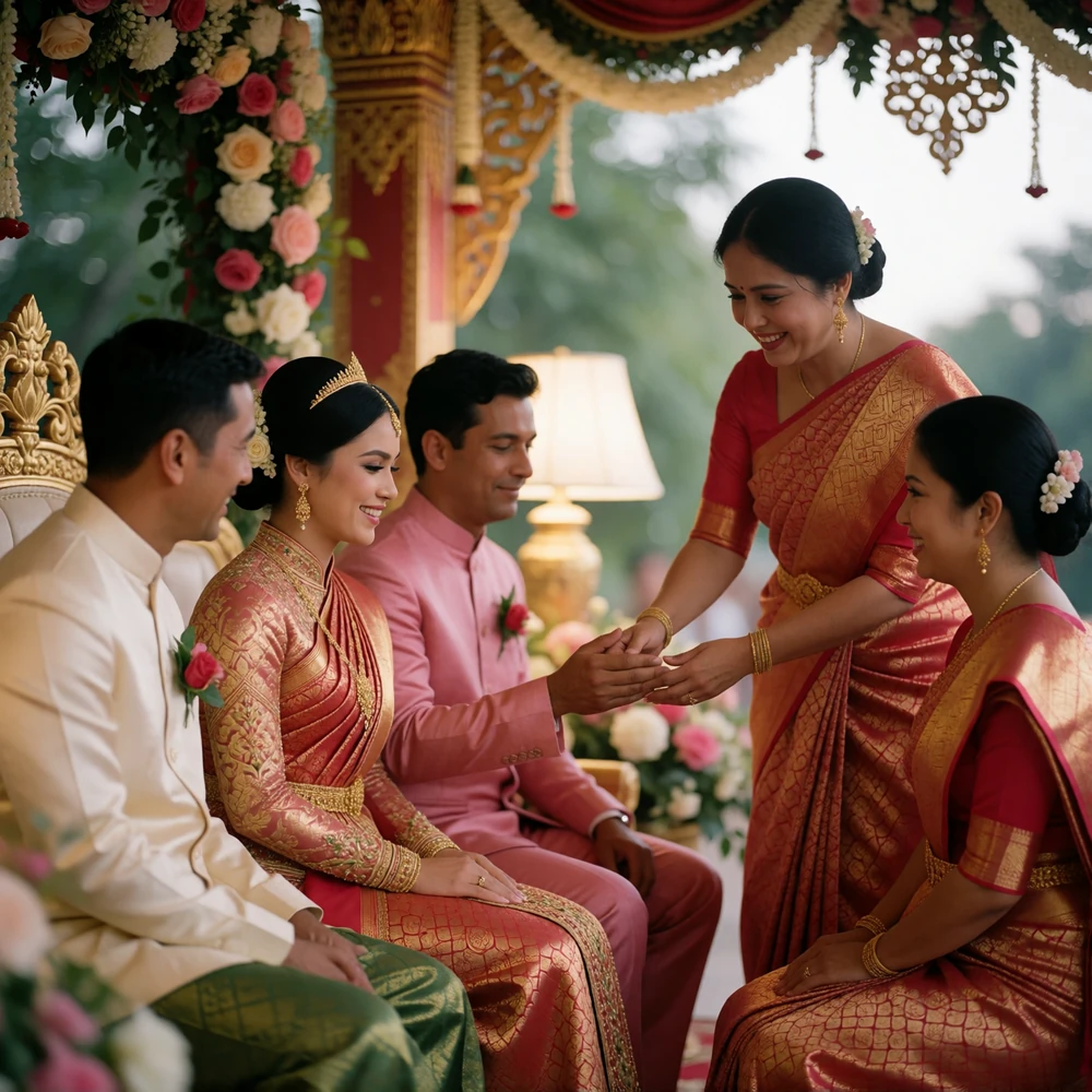 Khmer bride in an ornate gold and crimson silk ensemble seated beside her groom under a garland-draped pavilion during a traditional ceremony