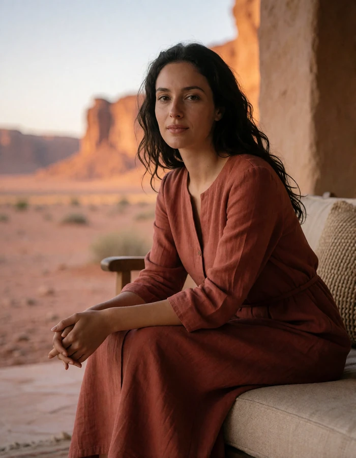Jordanian woman in a rust linen dress seated on a desert lodge terrace at dusk, featured Jordanian brides profile photo