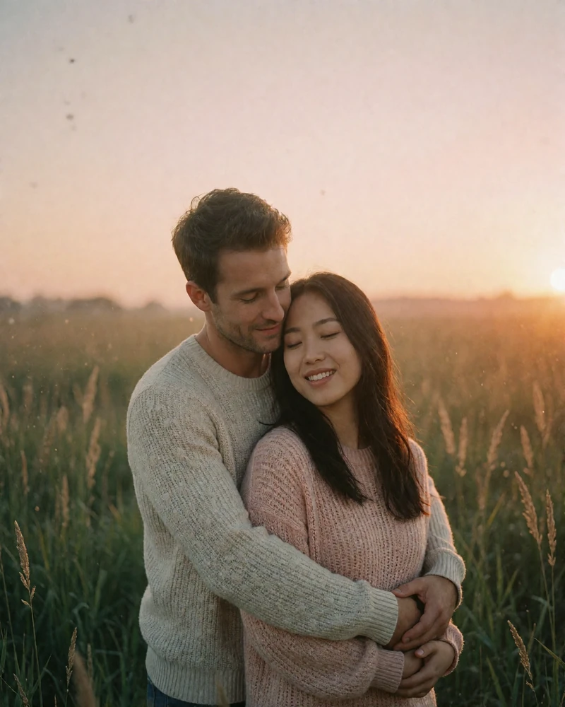 Couple embracing in a sunlit field at golden hour, illustrating a long-term relationship built through cross-cultural dating