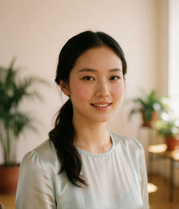 Mongolian woman with tied-back hair smiling in a bright modern room, verified member identity photo