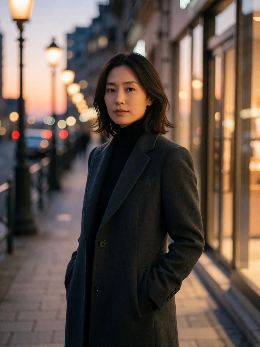 Japanese woman in a tailored charcoal coat on a quiet city street at dusk, featured Japanese bride profile photo