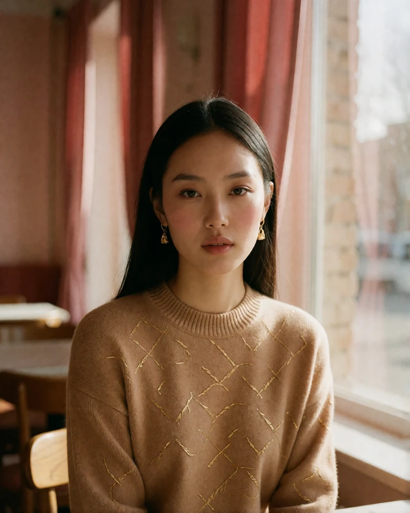 Young Mongolian woman in a camel cashmere sweater smiling at a sunlit cafe window, featured Mongolian dating profile photo
