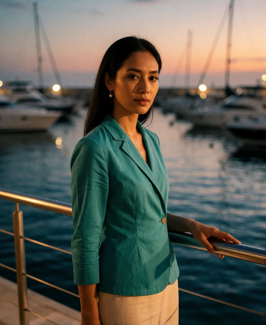 Bruneian woman in a tailored teal blouse standing at a marina railing at dusk, featured Bruneian brides profile photo