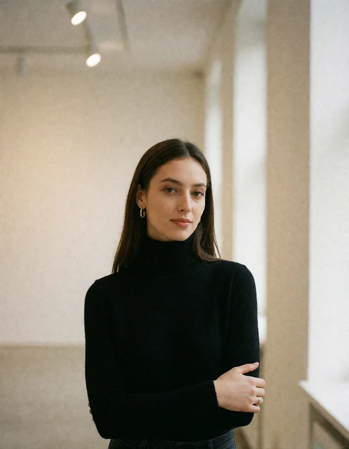 Stylish Armenian woman in a black turtleneck standing in a bright minimal art gallery corridor, member photo