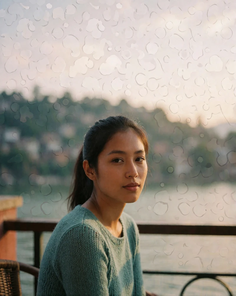 Young Nepalese woman in a teal knit top seated on a terrace with a blurred lakeside hillside behind her, featured profile photo