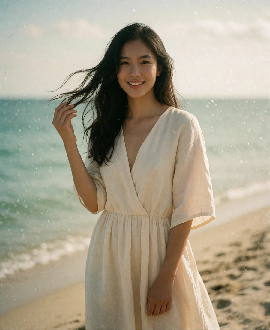Filipina woman in a cream linen dress smiling on a seaside promenade, featured member profile photo