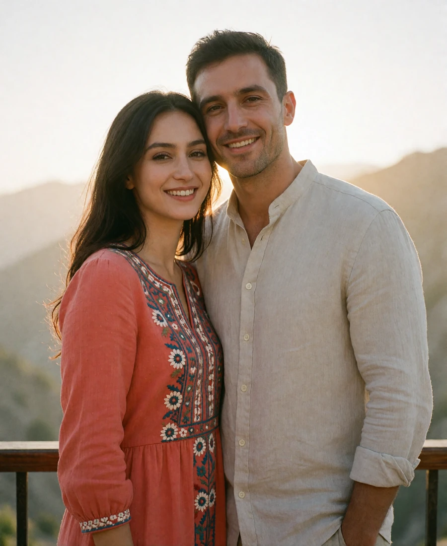 Tajik woman in a coral embroidered dress and Western man on a mountain-view terrace at golden hour