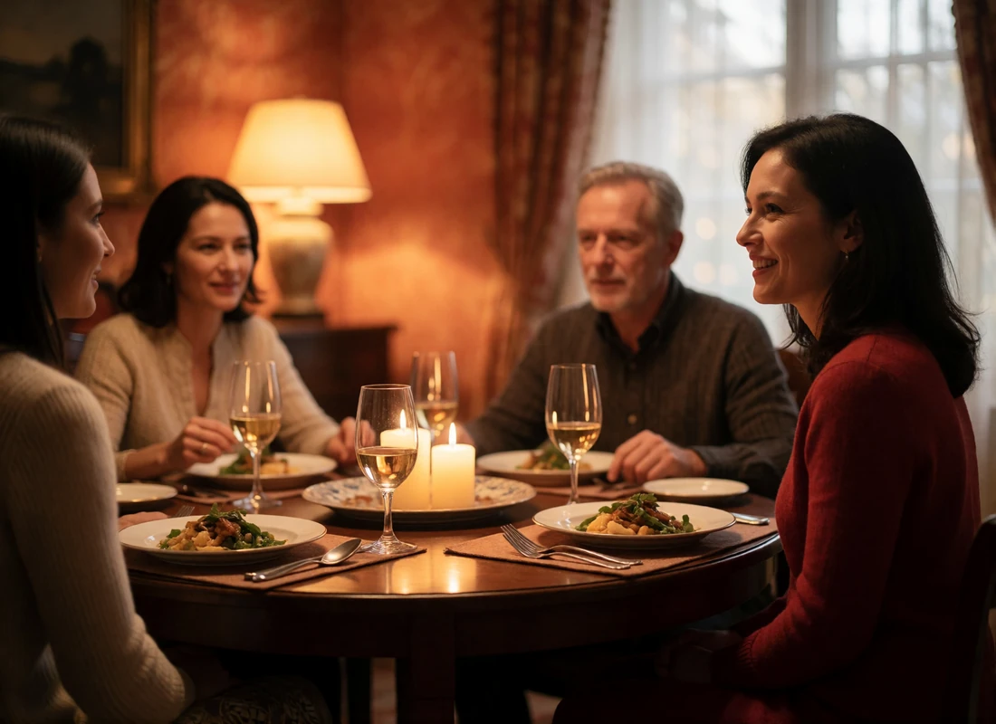 Chinese woman in her early thirties smiling toward an older relative at a warm family dinner table while a Western man listens