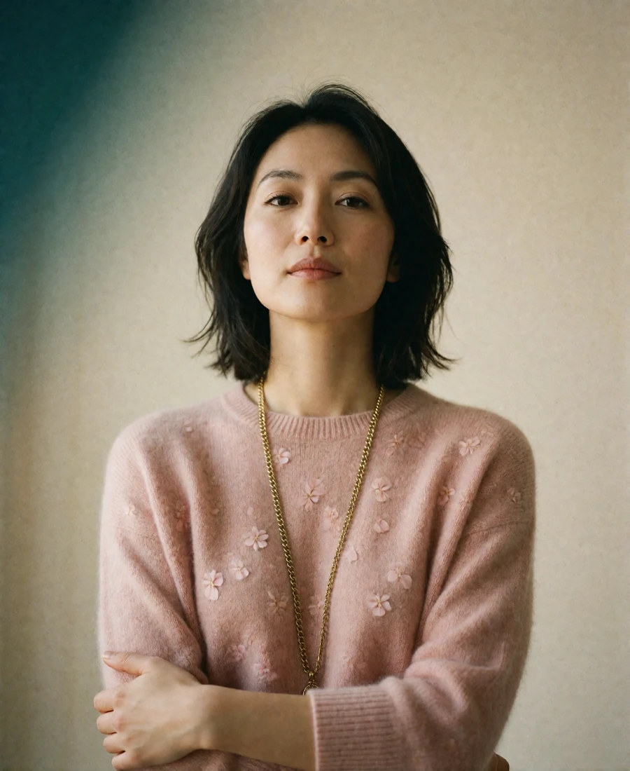 Japanese woman in a blush cashmere sweater against a plain cream backdrop, featured member profile portrait