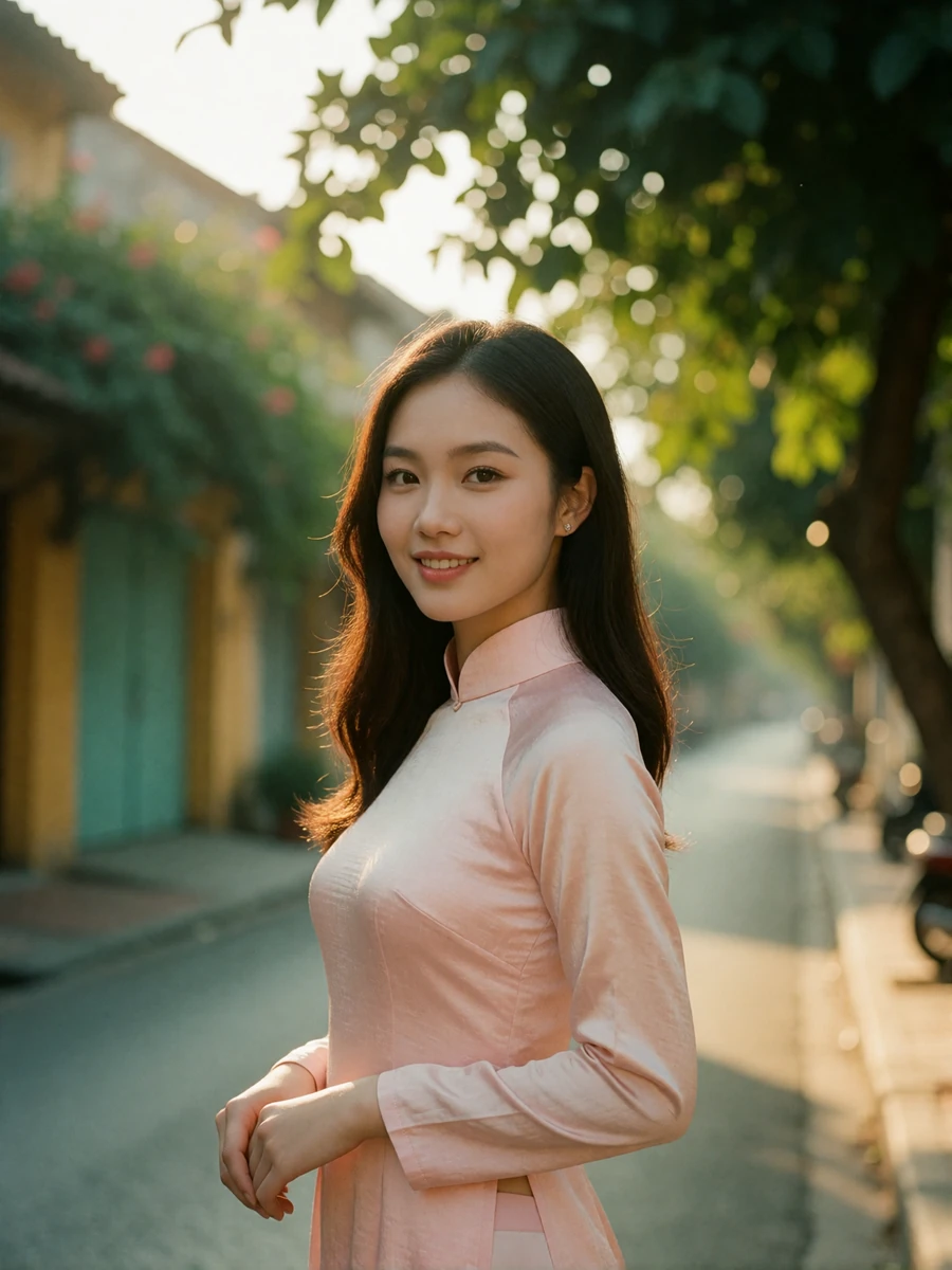 Young Vietnamese woman in a pale pink ao dai smiling on a quiet tree-lined street, a featured Vietnamese dating profile photo