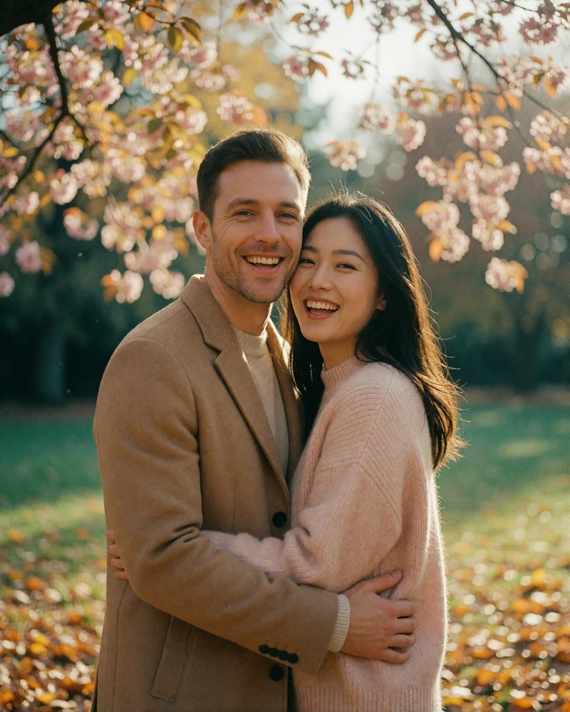 Western man and East Asian woman laughing together in an autumn park, an example of a long-term couple formed through international dating