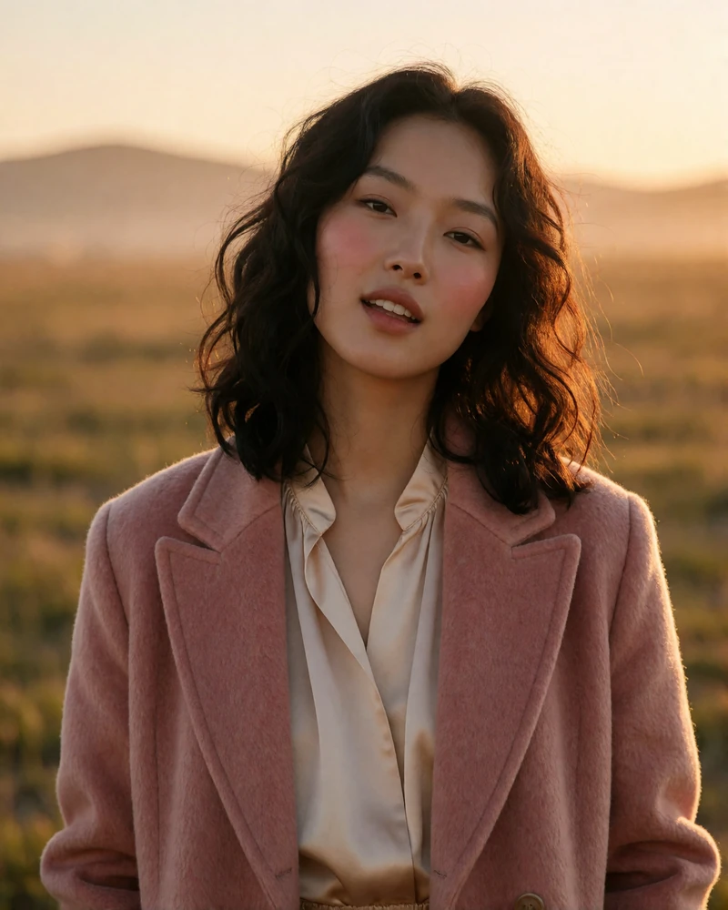 Mongolian woman in a rose wool coat standing on open grassland at golden hour, featured Mongolian brides profile photo