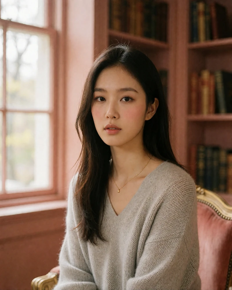 Young Korean-American woman with dark hair tucked behind one ear seated near a window in a quiet reading room, featured member profile photo