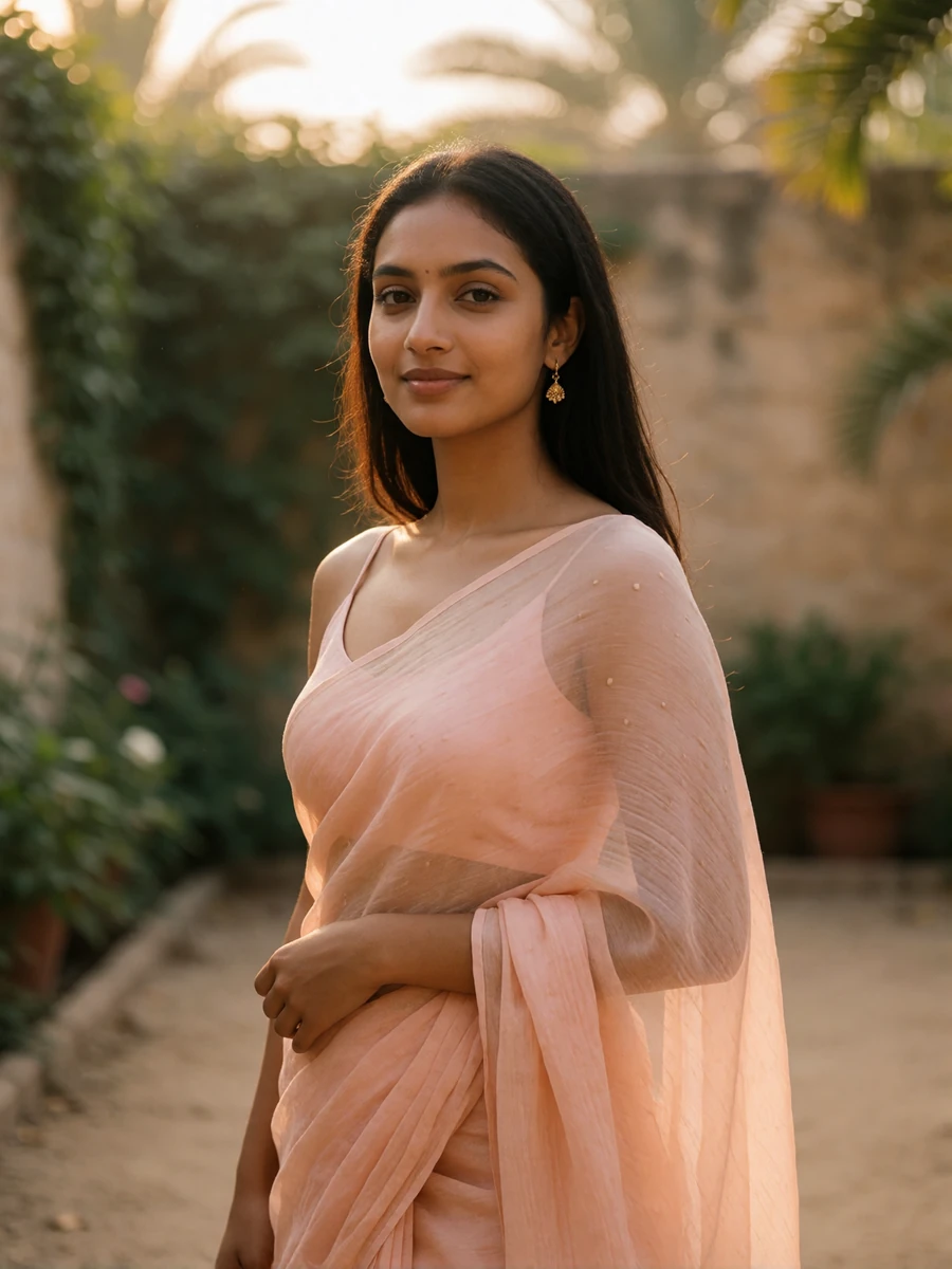 Young Indian woman in a peach chiffon saree smiling in a sunlit garden courtyard, a featured Indian dating profile photo