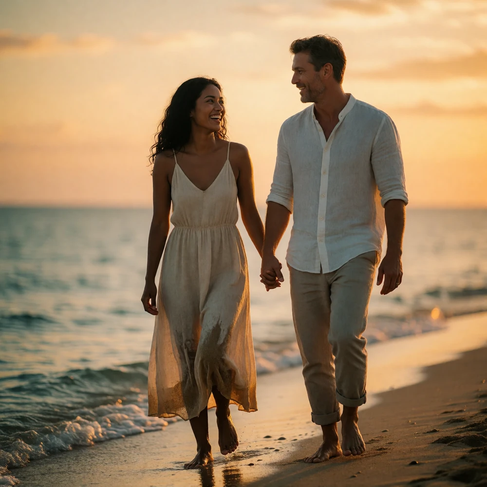 Timorese woman and Western man walking barefoot at the edge of a quiet shoreline at golden hour, laughing together