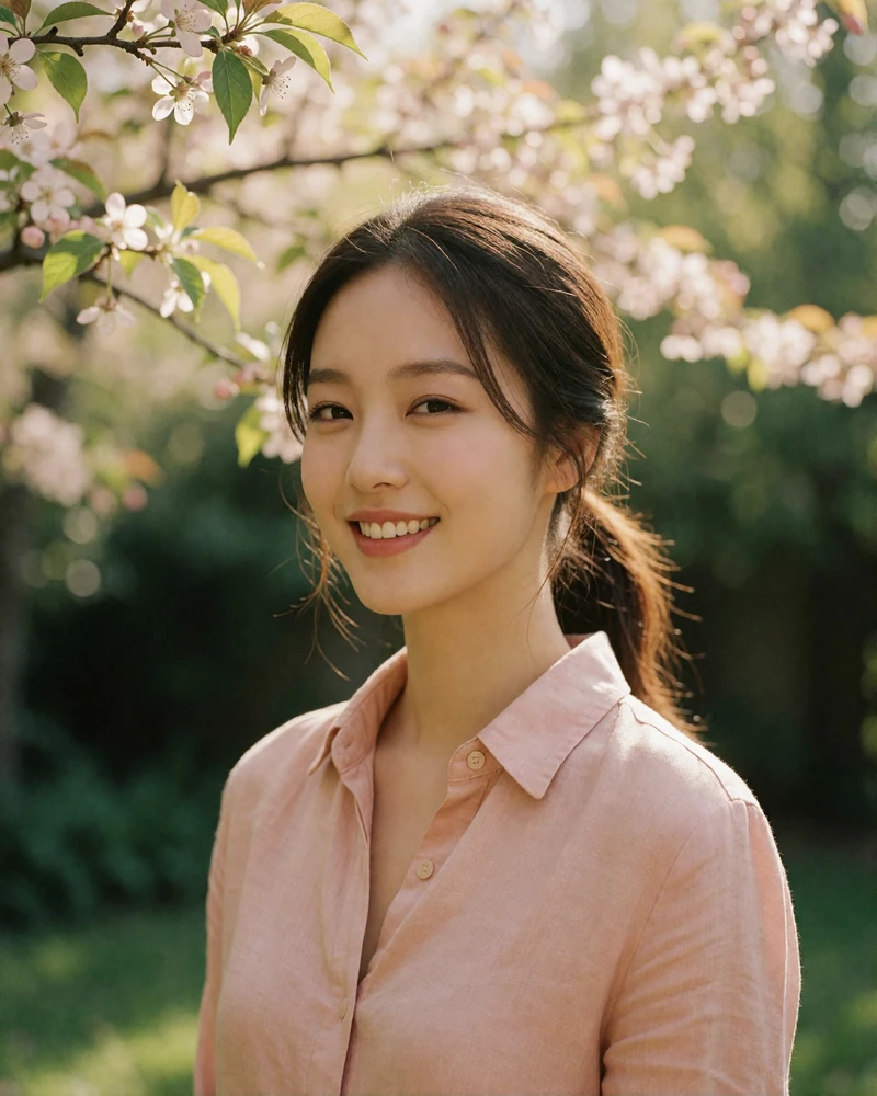 Korean-Canadian woman with a soft ponytail smiling warmly outdoors in a quiet garden, featured member profile photo