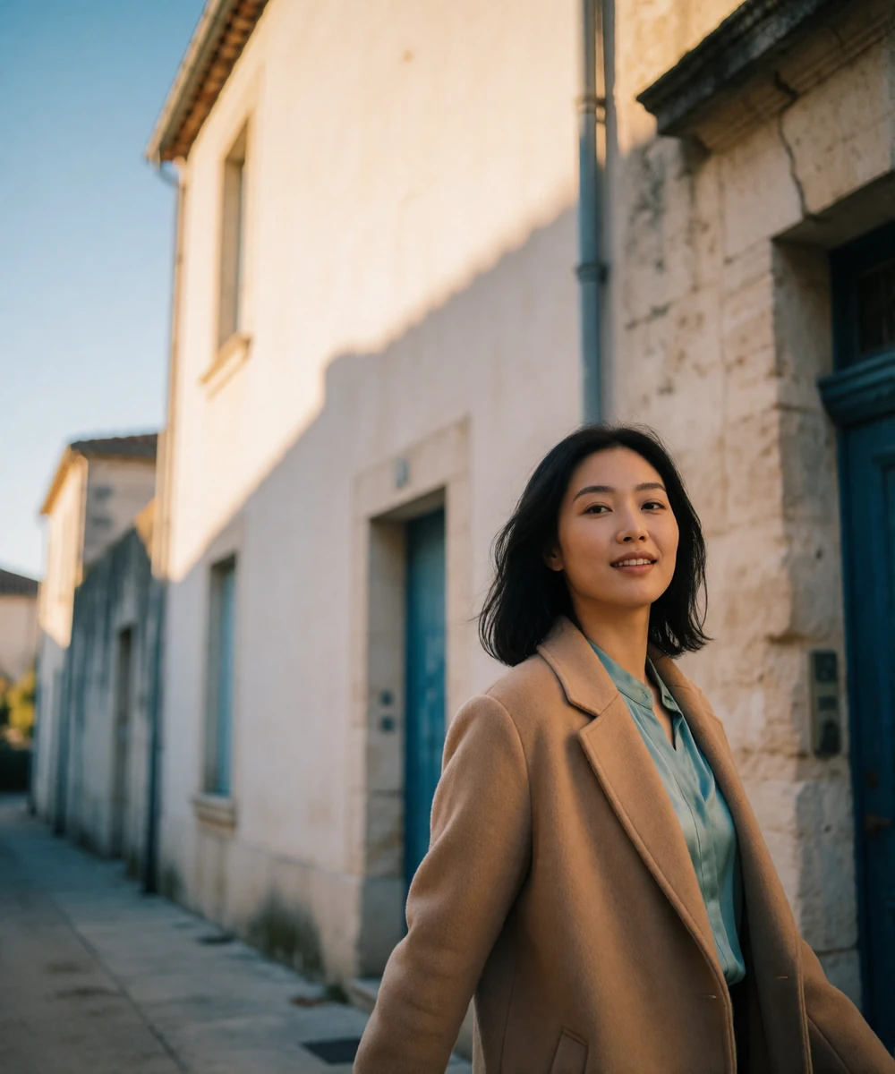Asian woman in a camel coat walking a sunlit stone boulevard, turning slightly toward the camera with a relaxed smile