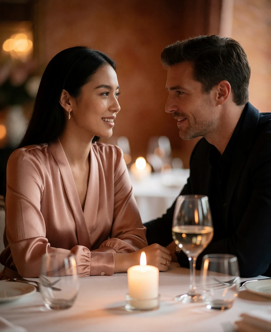 Singaporean woman in a rose blouse across a candlelit table from a Western man, both leaning in conversation