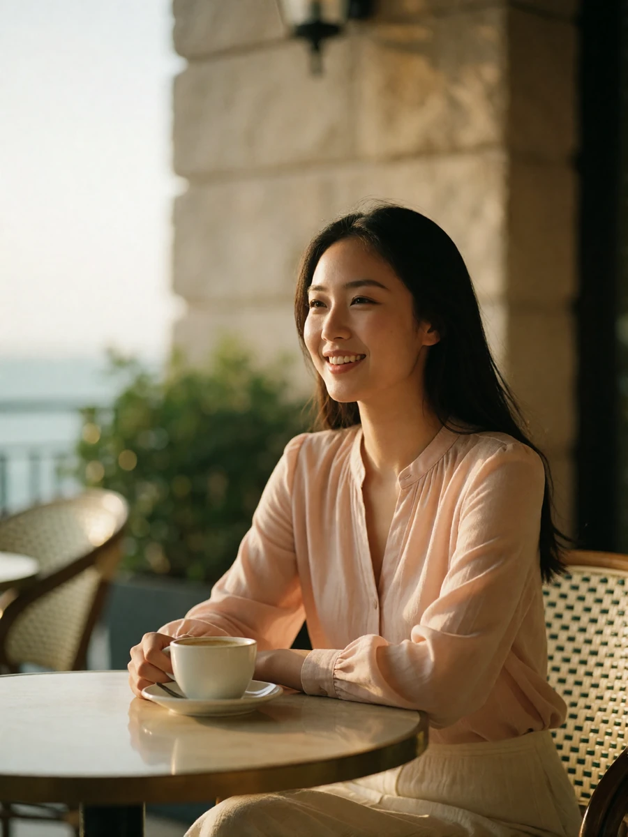 Elegant Asian woman smiling over coffee at a sunlit café terrace table, an example of a relaxed daytime first date