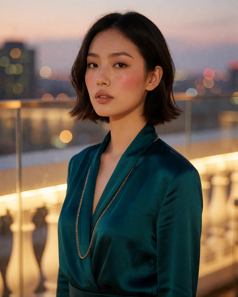 Mongolian woman in a teal silk blouse on a rooftop terrace at dusk, featured Mongolian dating profile photo