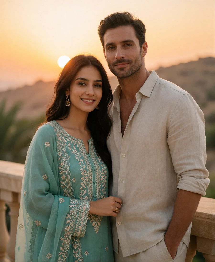 Pakistani woman in a teal embroidered outfit and Western man in a linen shirt standing together on a terrace at golden hour