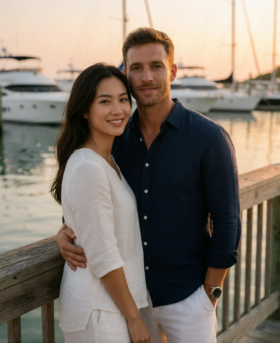 Vietnamese woman in a white linen top and Western man standing together at a wooden harbor railing at golden hour