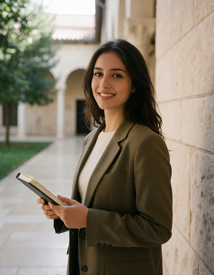 Jordanian woman in an olive blazer holding a notebook in a shaded university courtyard, featured member profile photo