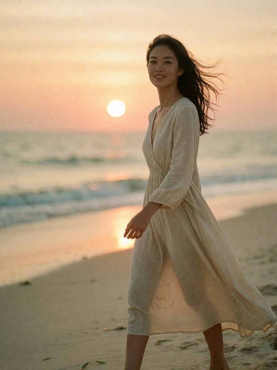 Vietnamese woman in a sand-colored dress walking along a quiet beach at golden hour, featured dating profile photo
