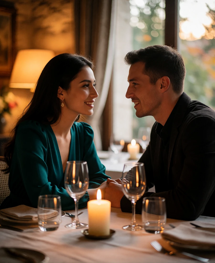 Tajik woman in a deep teal dress and Western man at a candlelit restaurant table in quiet conversation