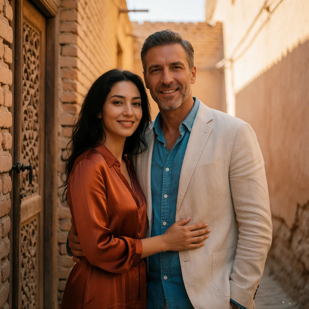 Uzbek woman in a rust silk dress and Western man in a linen jacket walking together in a sunlit old-city lane