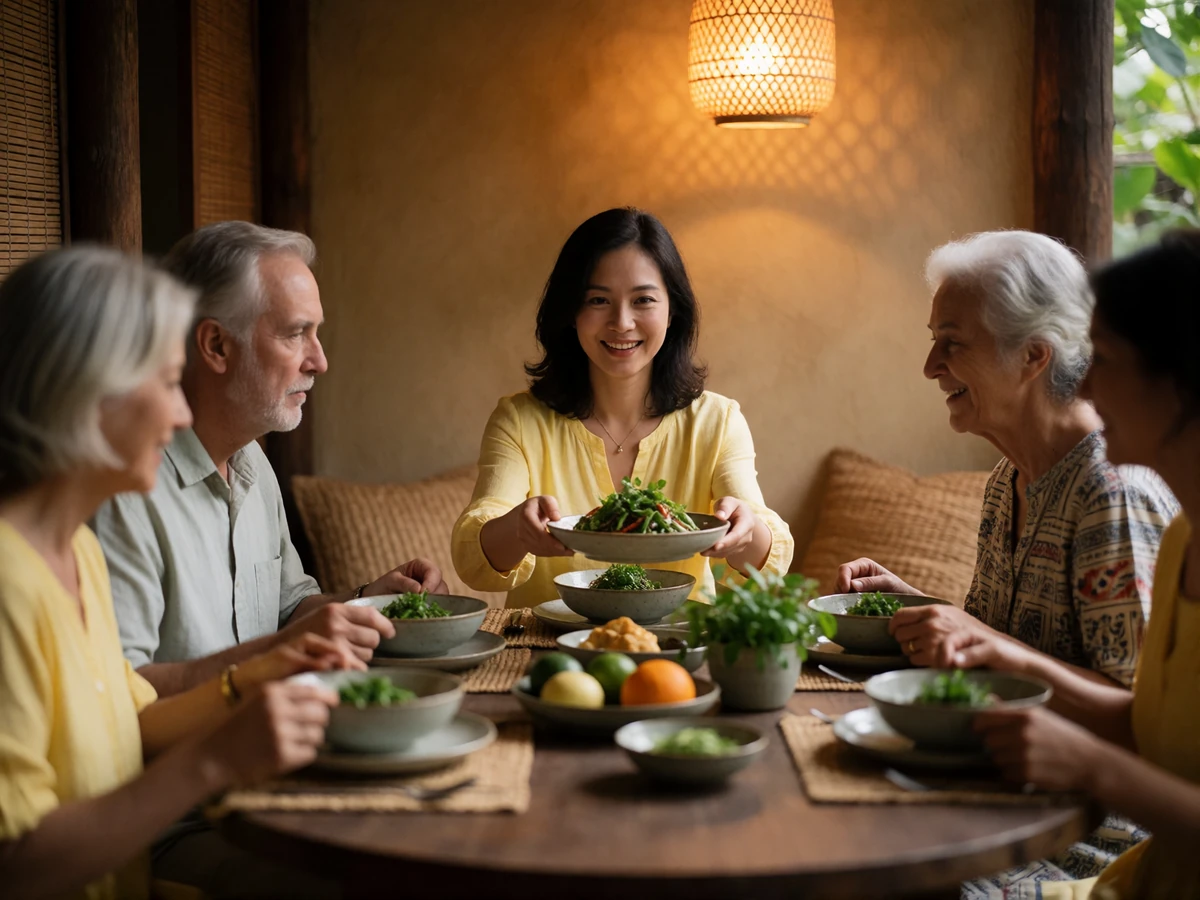 Vietnamese woman in a soft yellow blouse sharing a family meal with relatives around a round table