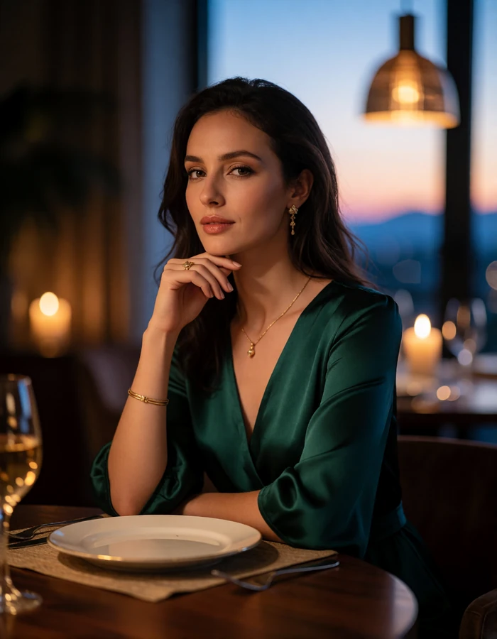 Elegant Jordanian woman in an emerald dress at a candlelit restaurant table, verified member profile photo
