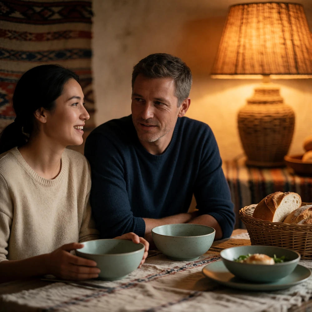 Kyrgyz woman and Western man smiling together at a warmly lit family dinner table