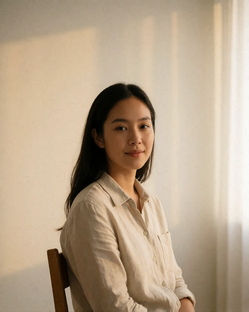 Thai woman in a sand-colored linen shirt seated in a bright minimal room, featured member profile photo
