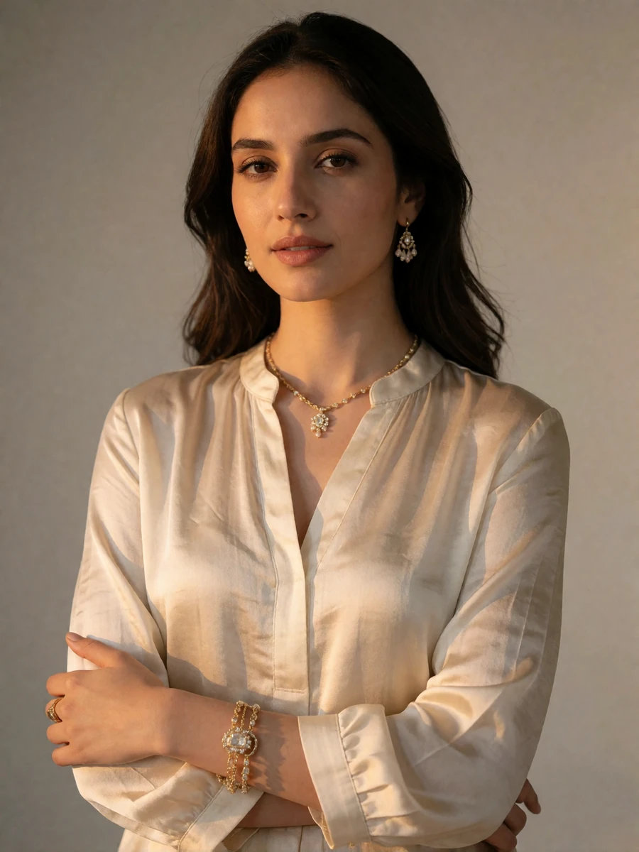 Elegant Pakistani woman in an ivory silk blouse with gold jewelry in a warm studio portrait, verified member profile photo