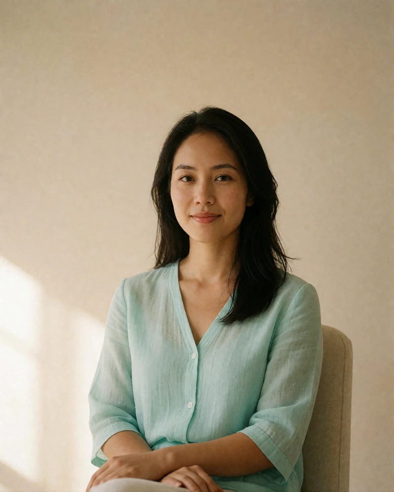 Elegant Filipina woman in a seafoam blouse in a warm studio portrait, verified Filipino dating profile photo