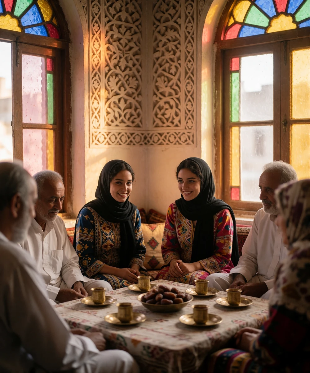 Yemeni family sharing tea and dates in a light-filled traditional room with carved stained-glass windows